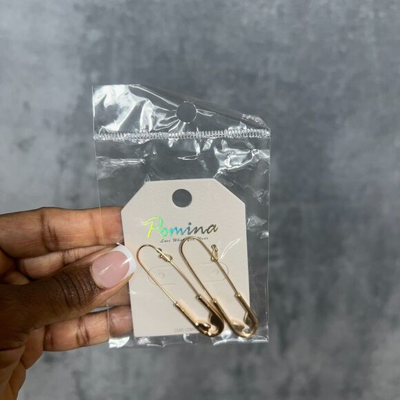 Safety Pin Dangle Earrings Gold Tone, 2" - Picture 3 of 7